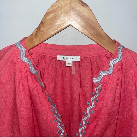 Tyler Boe Blouse Women's Size Medium Coral Pink 100% Linen Embroidered‎ Tunic - Picture 6 of 7